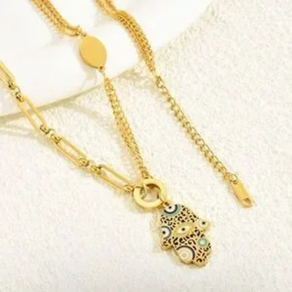 Gold Plated Stainless Steel Hamsa Pendant Necklace - Picture 2 of 2
